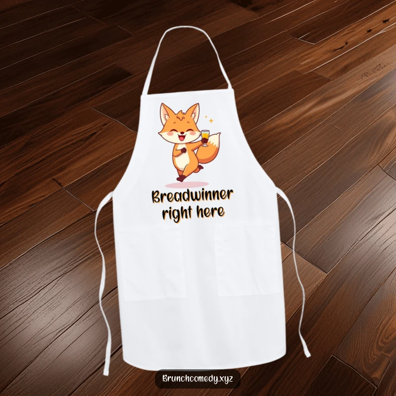 Funny, playful fox character doing a joyful skip while holding a piece of toast on a durable apron.