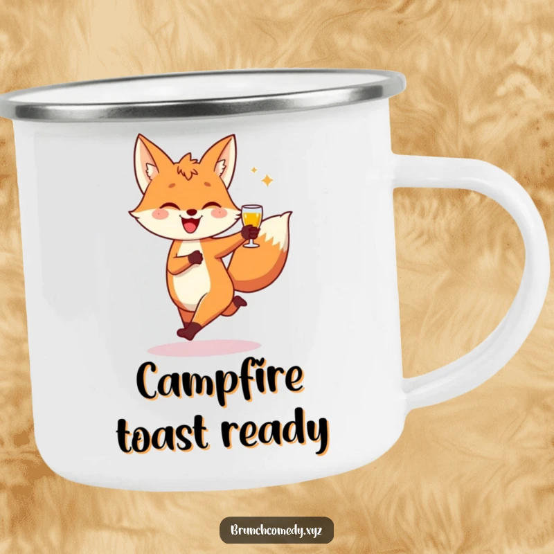 Funny fox character joyfully skipping with toast on a durable camping mug for outdoor enjoyment.