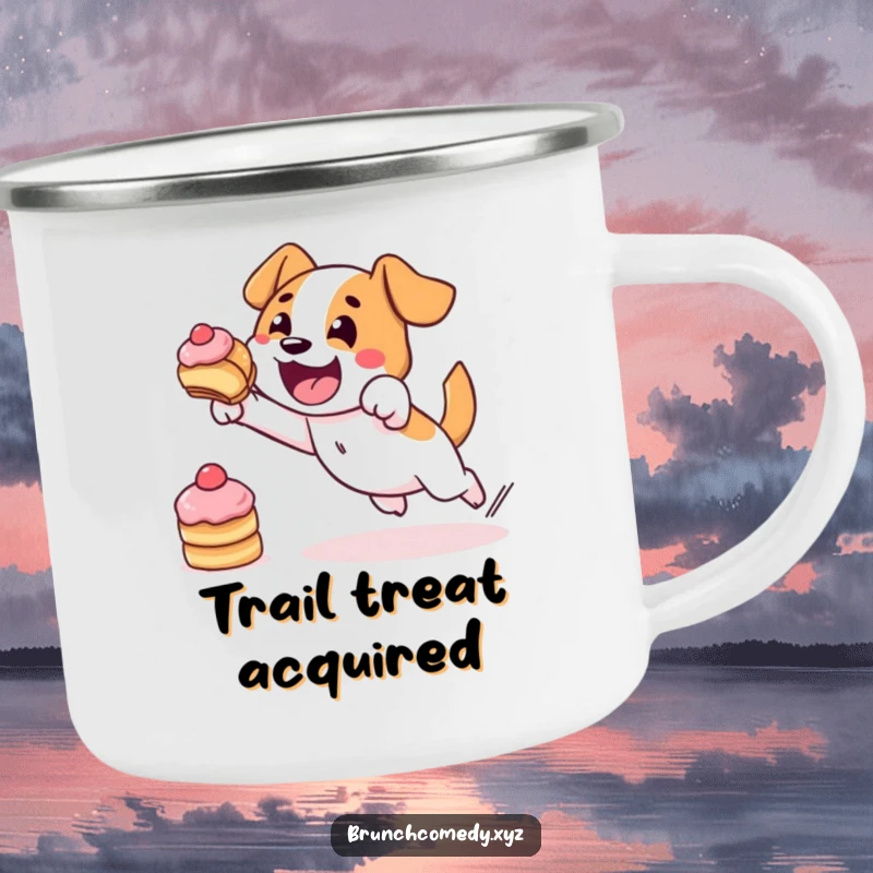 Funny dog character bravely leaping for a pastry on a durable camping mug for outdoor enjoyment.