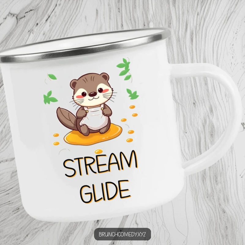 Funny otter sliding down a syrup stream on a durable camping mug, ideal for breakfast lovers.