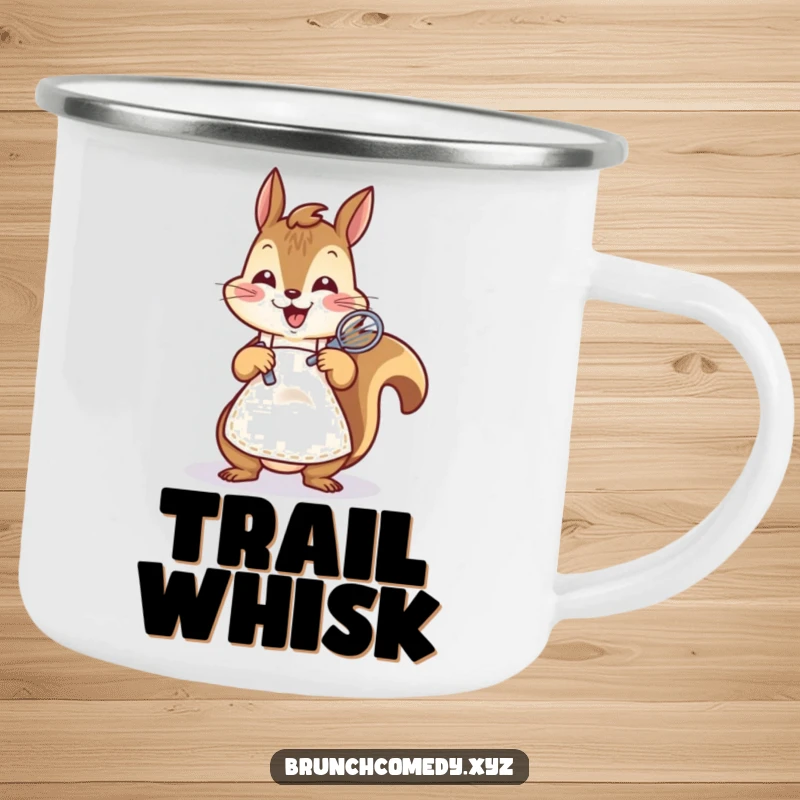 Funny squirrel whisking batter on a durable camping mug, ideal for outdoor baking enthusiasts.