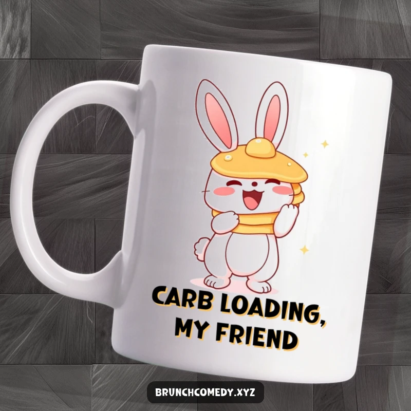 Funny bunny character gleefully holding a tall stack of pancakes, perfect for a breakfast lover's mug.