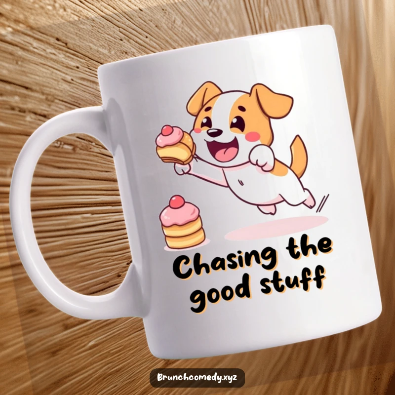 Funny, determined dog character bravely leaping towards a delicious pastry, perfect for a treat lover's mug.