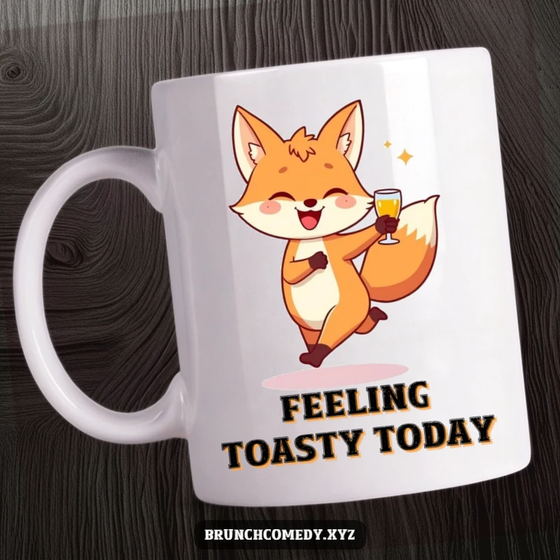 Funny fox character joyfully skipping with a piece of toast, perfect for a breakfast lover's mug.