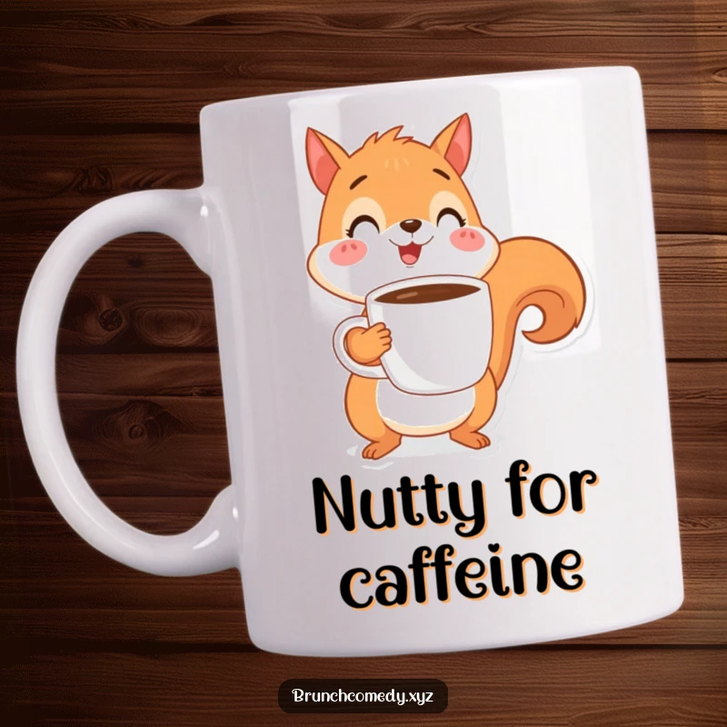 Funny, cheerful squirrel character expertly balancing a steaming coffee cup, perfect for a coffee lover's mug.