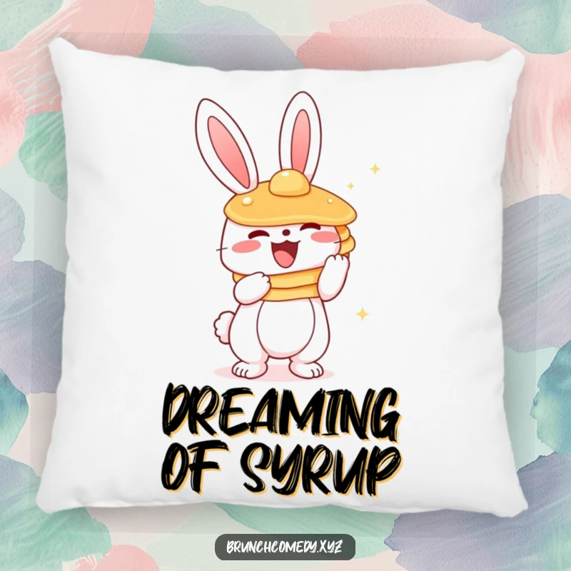 Soft throw pillow featuring a funny depiction of a cute bunny character holding a stack of delicious pancakes.