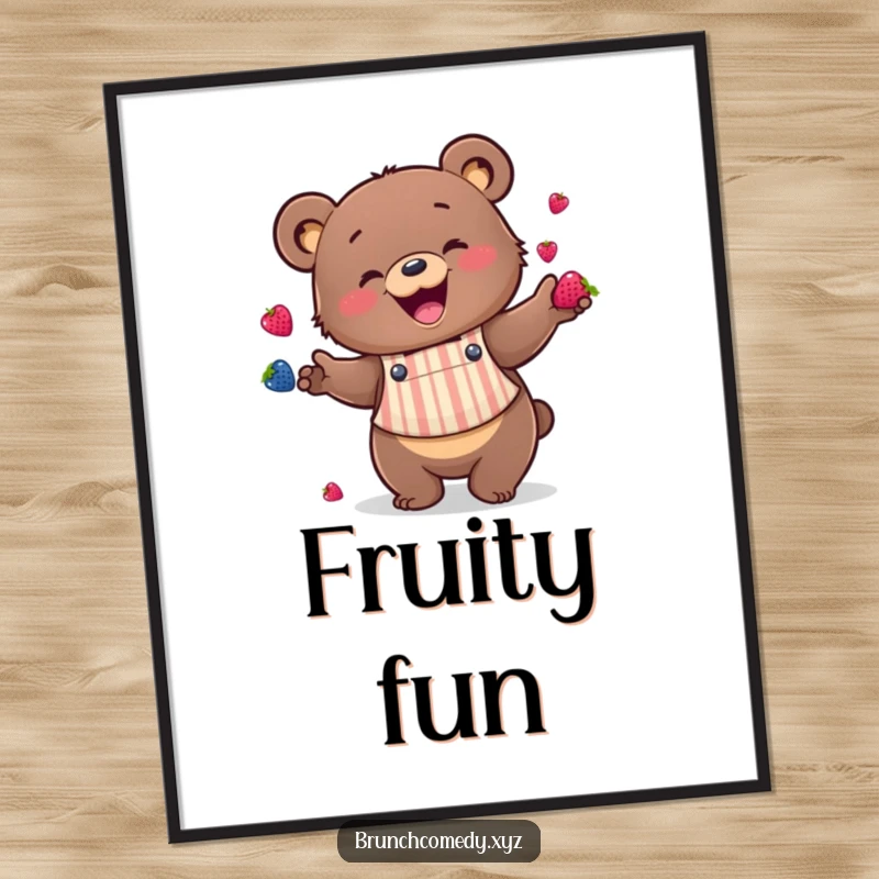 Digital art print of a funny bear enthusiastically juggling berries, perfect for instant kitchen decor.