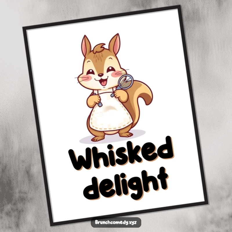 Digital art print of a funny squirrel enthusiastically whisking batter, ideal for kitchen decor.