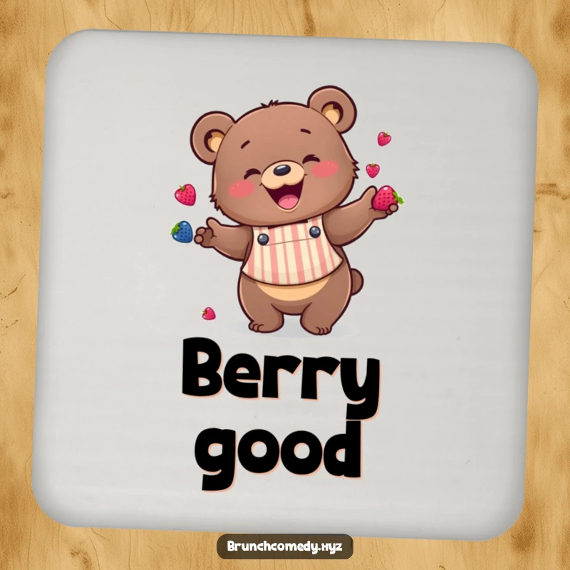 Funny bear juggling berries featured on a drink coaster, protecting surfaces playfully.