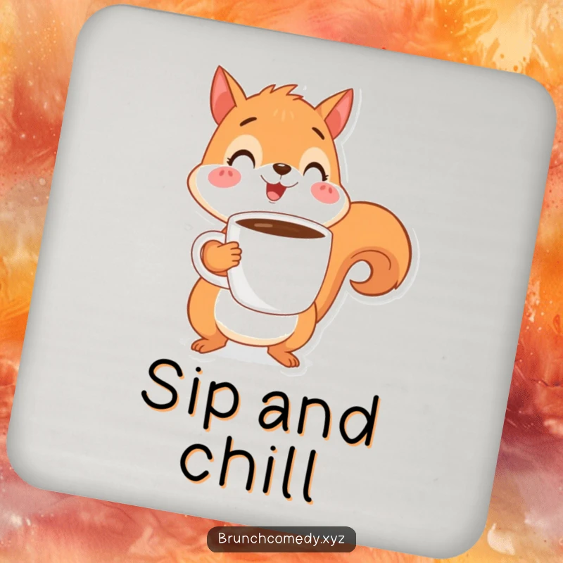Funny illustration of a cheerful squirrel character balancing a coffee cup, designed as a drink coaster.