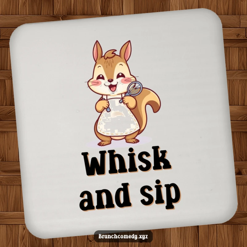 Funny squirrel whisking batter on a drink coaster, adding charm to your table settings.