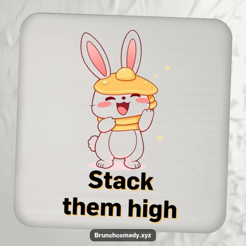 Funny illustration of a cute bunny character holding a stack of pancakes, serving as a drink coaster.