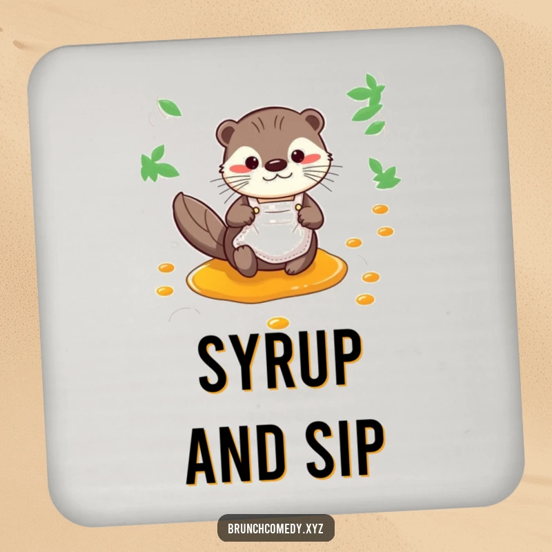 Funny otter sliding down a syrup stream featured on a drink coaster, protecting surfaces playfully.