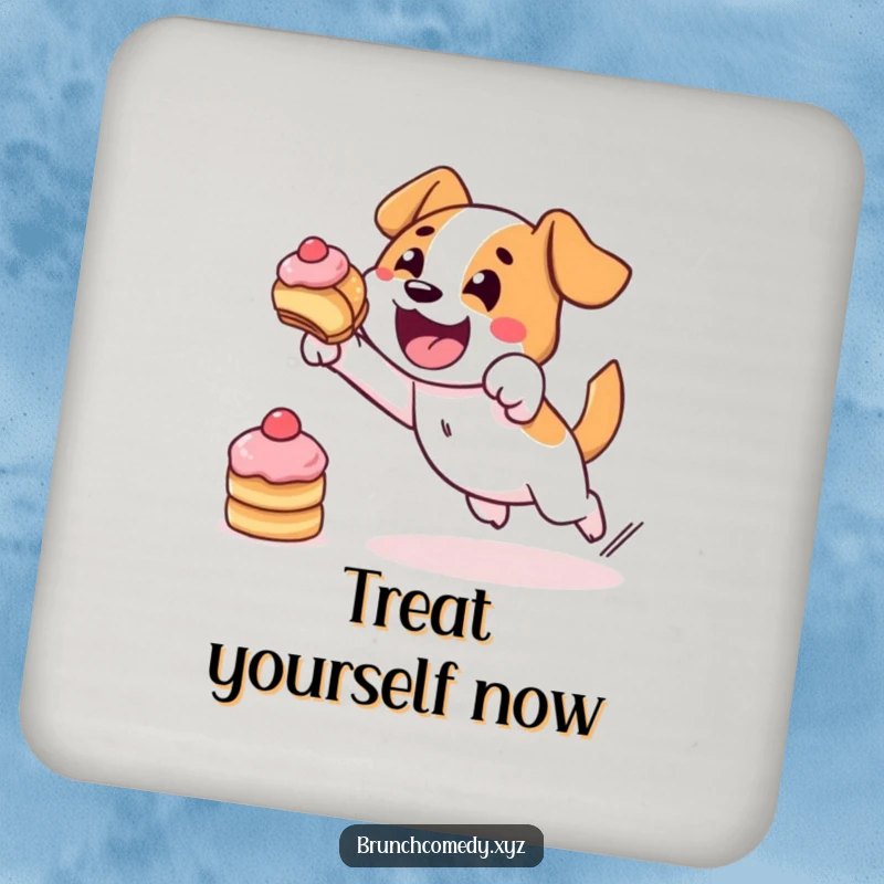 Funny illustration of a determined dog character leaping for a pastry, serving as a drink coaster.