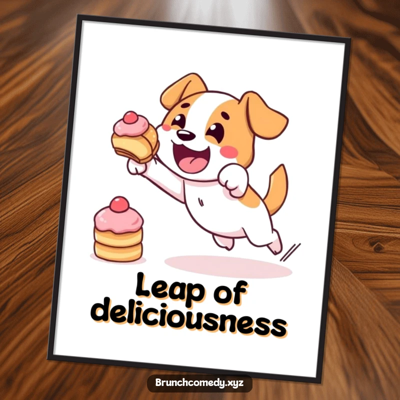 Funny and dynamic illustration of a determined dog character bravely leaping towards a delicious pastry.