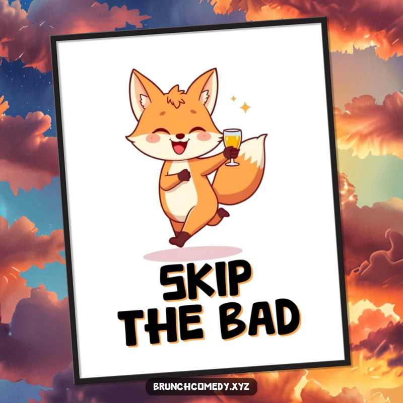 Funny and vibrant illustration of a playful fox character skipping happily with a slice of toast.