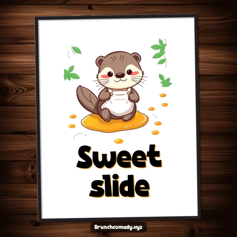 Funny otter wearing an apron sliding down a syrup stream, depicted as a playful art print.