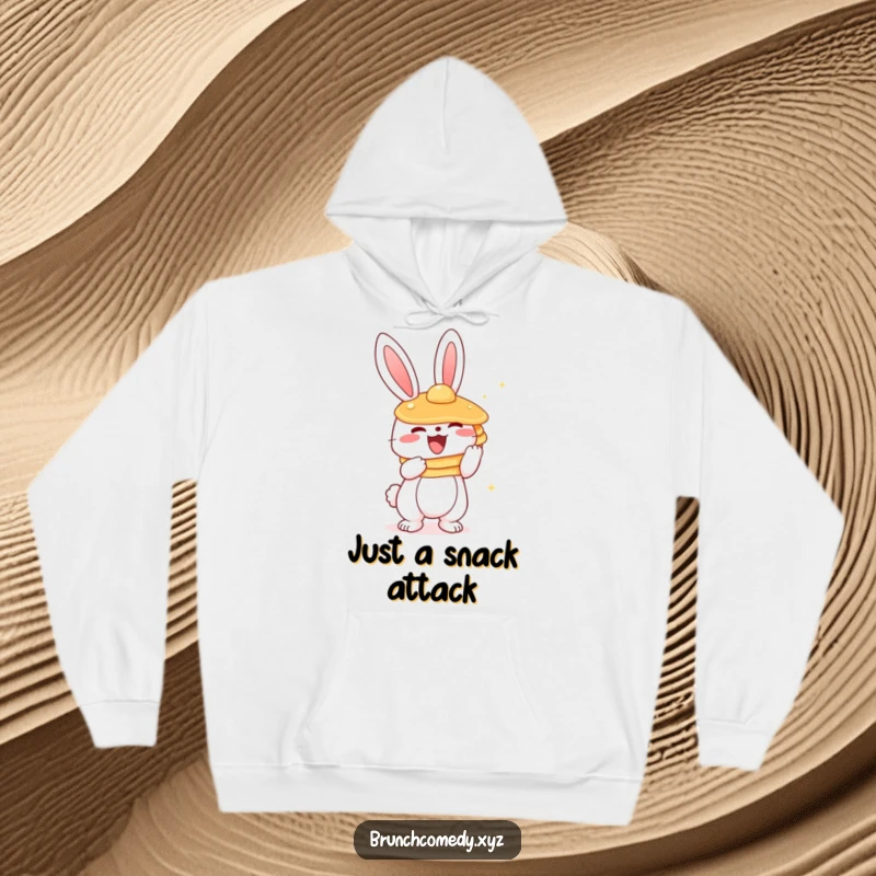 Funny and charming bunny character, bundled up and holding a stack of pancakes, on a warm hoodie.