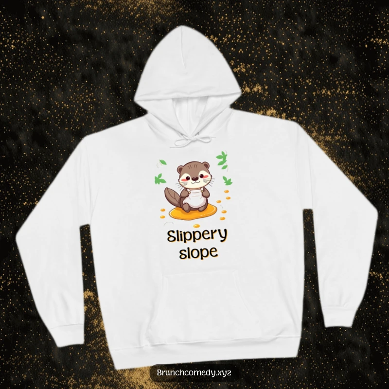 Funny otter sliding down a syrup stream on a hoodie, making it a cozy breakfast statement piece.