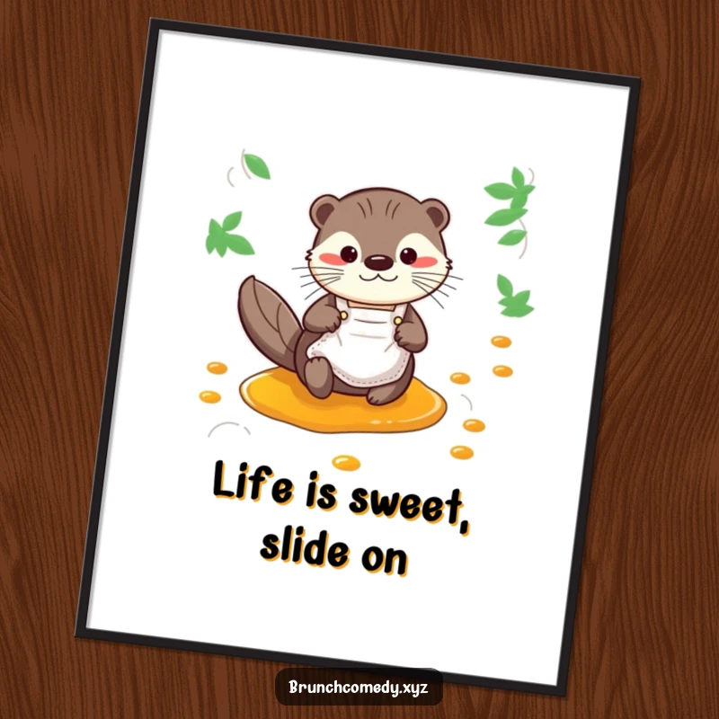 Funny Free Printable Wall Art: A curious otter wearing an apron joyfully slides down a glistening syrup stream.