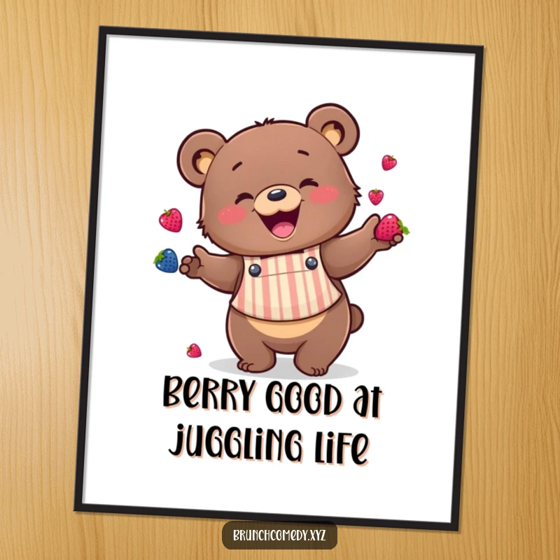 Funny Free Printable Wall Art: A happy bear wearing an apron enthusiastically juggles a pile of colorful berries.