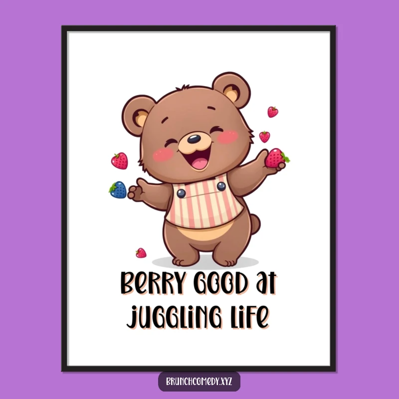 Free Printable Funny Wall Art: Happy Bear Juggling Berries