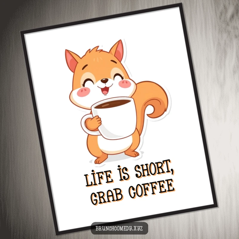 Funny free printable wall art: a cheerful squirrel character happily balancing a large coffee cup, looking energized.