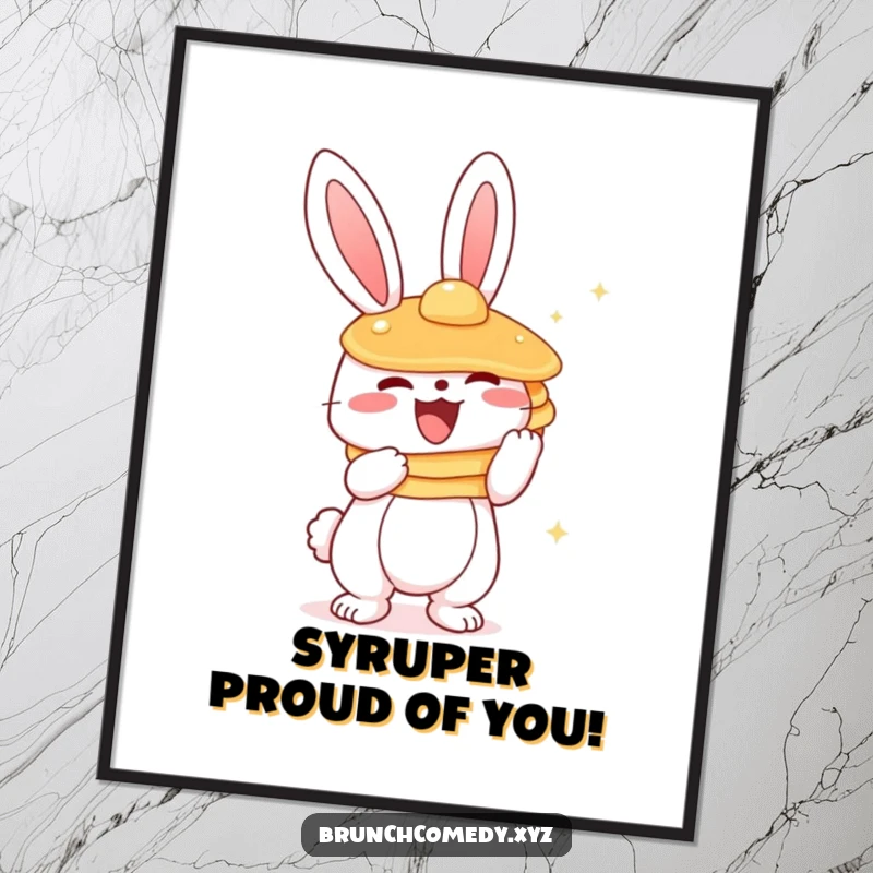 Funny free printable wall art: a cute bunny character joyfully holding a giant stack of fluffy pancakes.