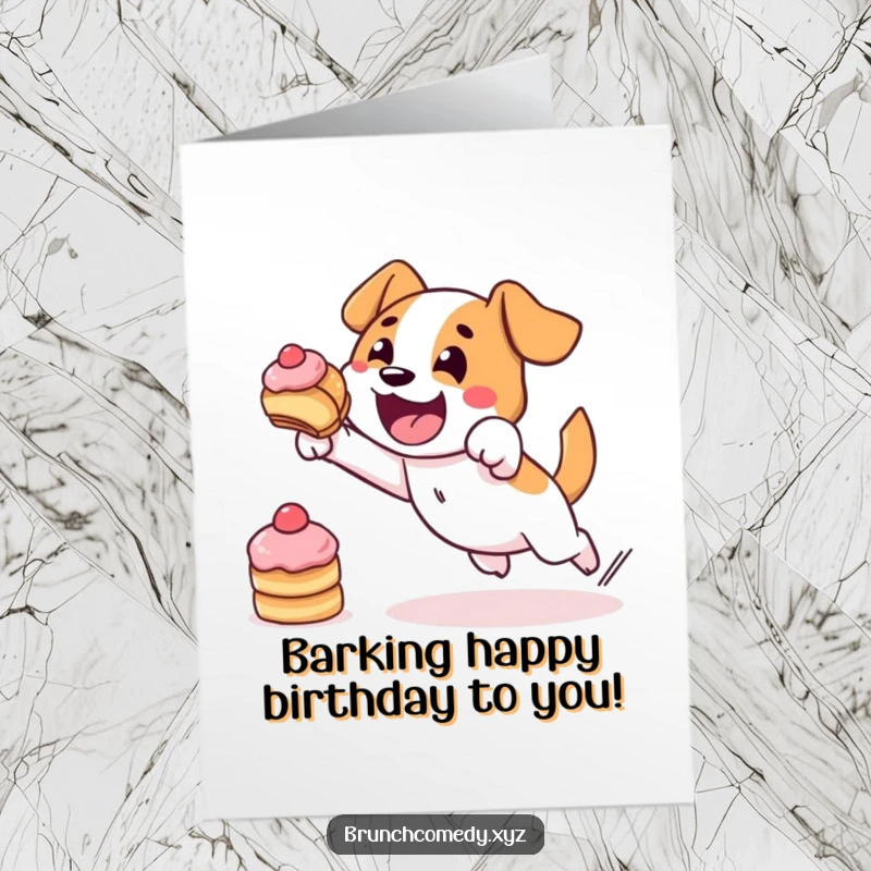 Funny free printable birthday card: a determined dog bravely leaping high in the air for a delicious pastry.
