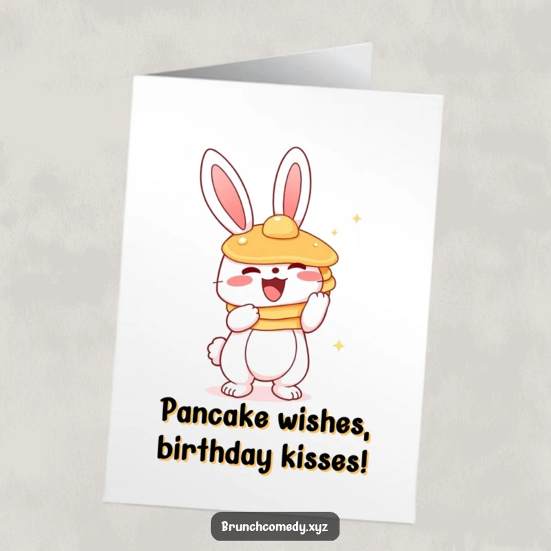 Funny free printable birthday card: a cute bunny excitedly holding a massive stack of pancakes, ready for a celebration.