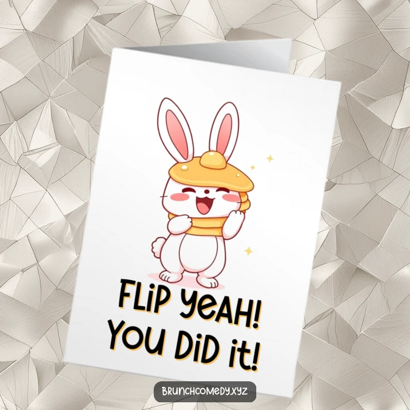 Funny free printable congratulations card: a cute bunny ecstatically holding a tower of pancakes, celebrating an achievement.