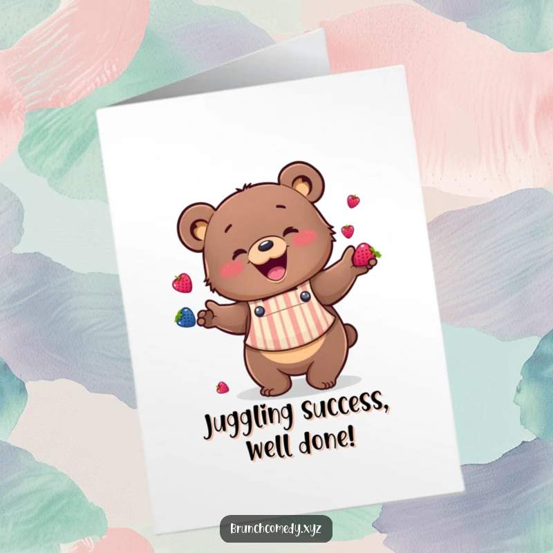 Funny Free Printable Congratulations Card: A happy bear wearing a tiny apron juggles several bright berries.