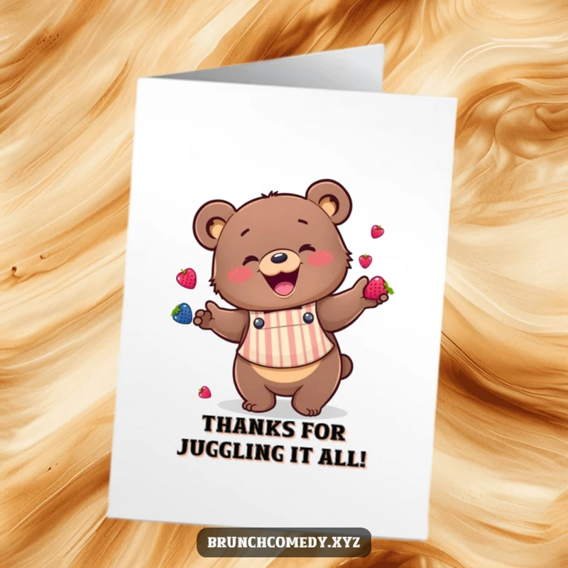 Funny Free Printable Thank You Card: A happy bear in a striped apron is busy juggling red berries.