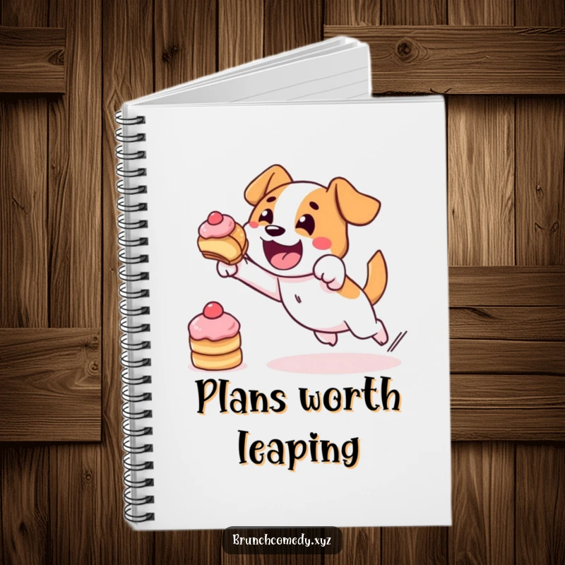 Funny, determined dog character leaping for a pastry on the cover of a lined notebook.