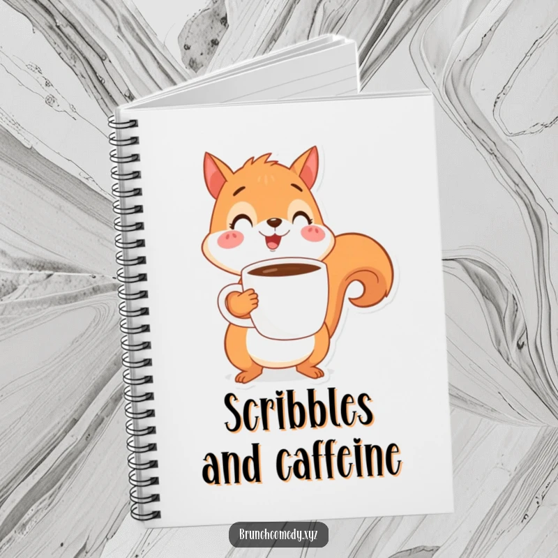 Funny, cheerful squirrel character holding a coffee cup on the cover of a lined notebook.