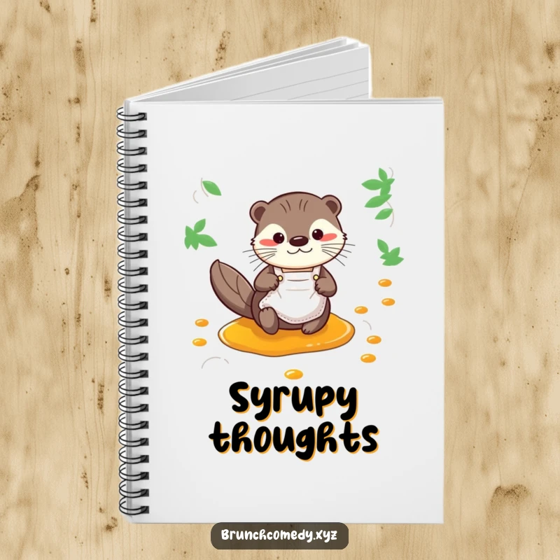 Funny otter sliding down a syrup stream on a notebook, perfect for jotting down breakfast ideas.