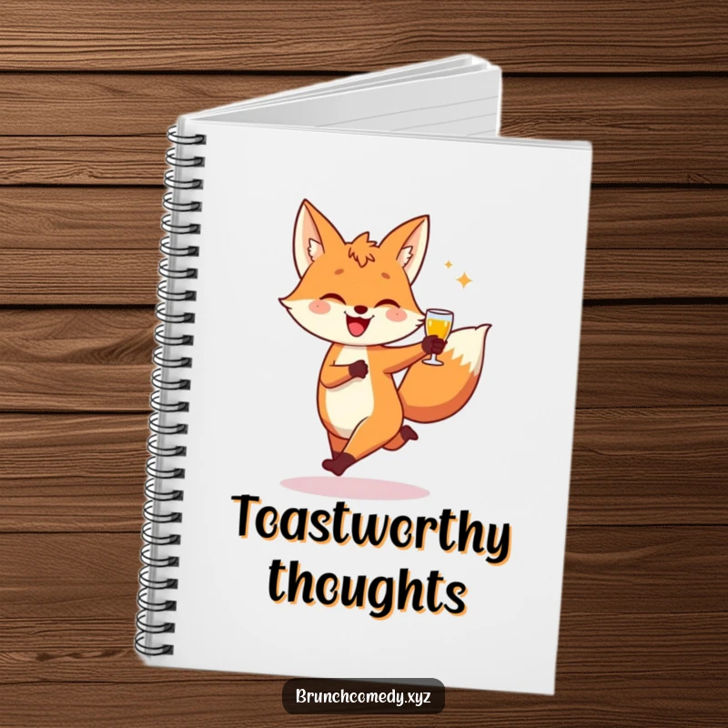 Funny, playful fox character skipping with a piece of toast on the cover of a lined notebook.