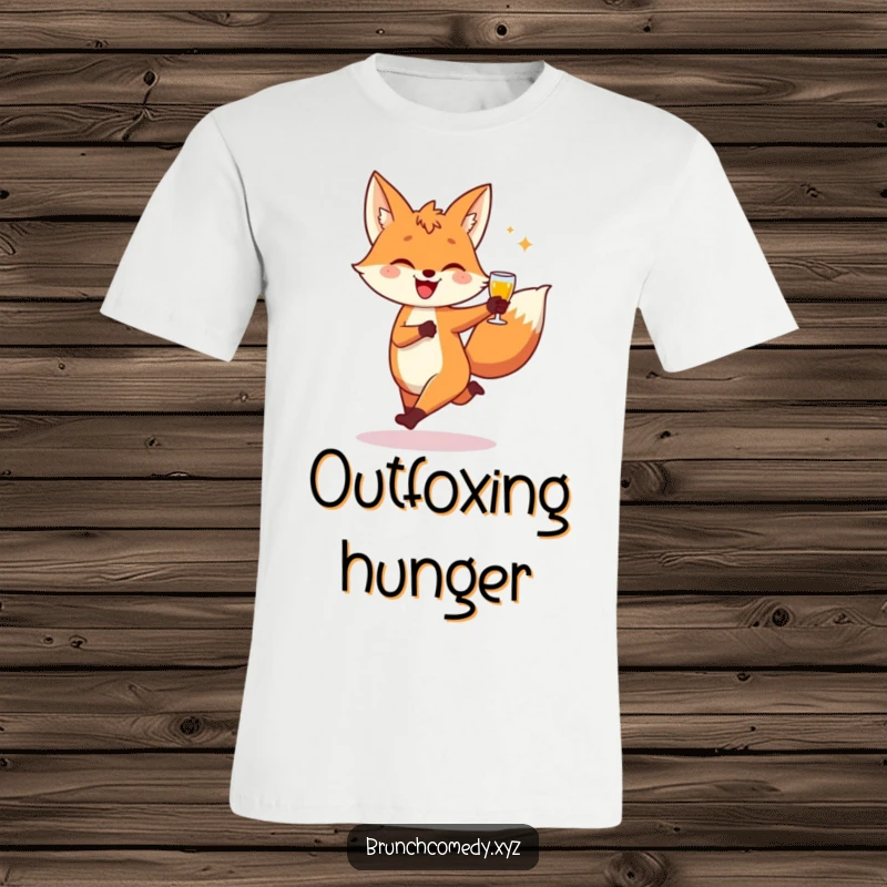 Funny, playful fox character skipping merrily while holding a slice of toast, printed on a t-shirt.