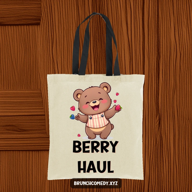 Funny bear wearing an apron juggling berries on a tote bag, perfect for grocery shopping.