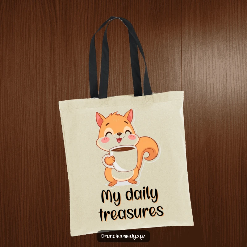 Funny, cheerful squirrel character skillfully balancing a coffee cup, displayed on a practical tote bag.