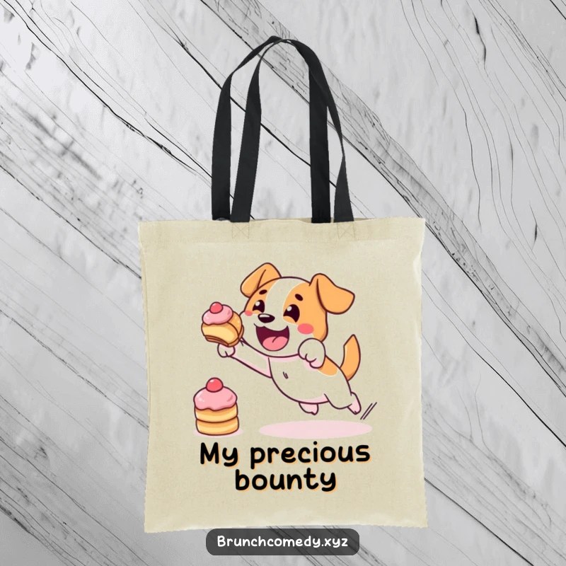 Funny, determined dog character bravely leaping for a pastry, on a spacious and durable tote bag.